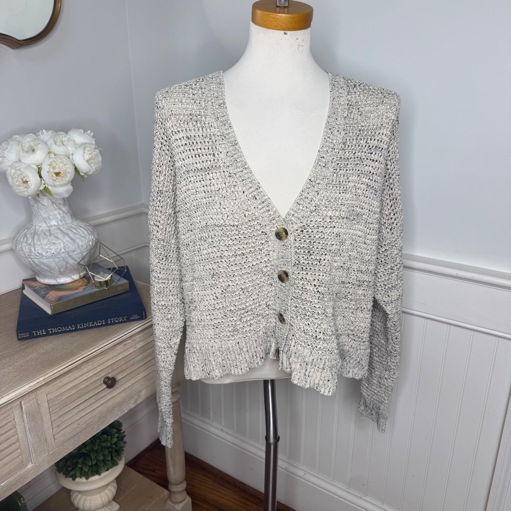 Madewell Do Well Marled Open Stitch V-Neck Cardigan Sweater Cream Black Large